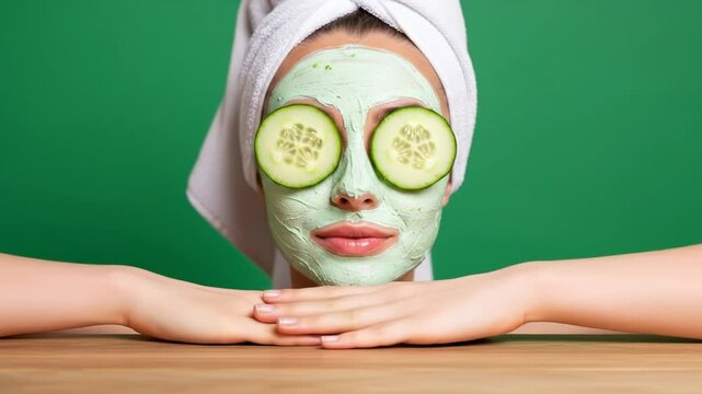 Woman with facial mask and cucumber slices on her eyes
