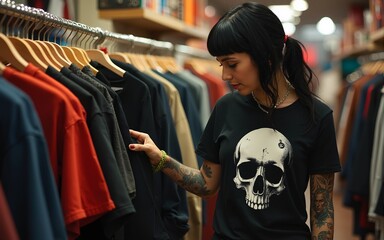 Punk woman shopping in vintage clothing store, looking at t-shirt with skull graphic. High quality