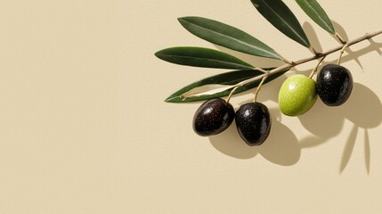 Minimalist olive branch with ripe and green olives, shadow on beige background. This image symbolizes nature, wellness, spa, natural cosmetics, organic products, the Mediterranean diet, and the harves