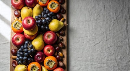 Still life of autumn fruits on a wooden board with apples pears grapes and persimmons in natural light