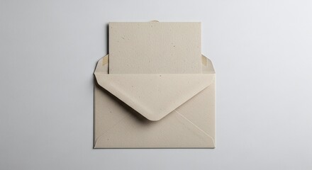 A beige envelope with a card sticking out of it against a plain white background in a studio shot