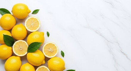 A flat lay of lemons and leaves on a white marble surface with copy space on the right side of the frame