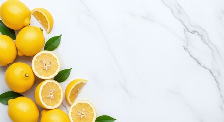 A composition of lemons and green leaves on a white marble background creating a fresh and vibrant scene