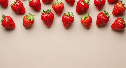 A top view of several strawberries arranged on a plain background with copy space at the bottom part
