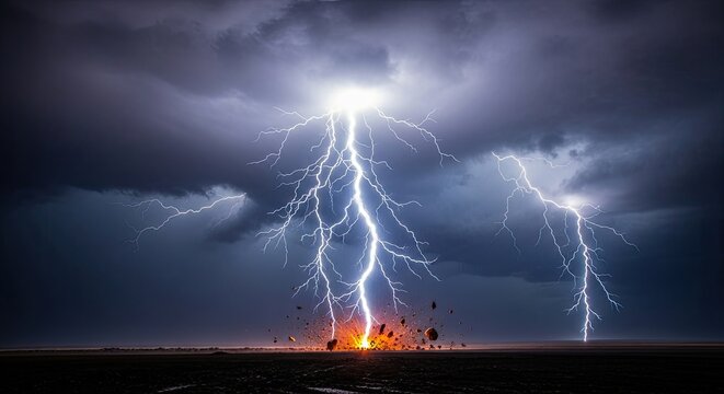 A dramatic lightning storm with multiple bolts of lightning illuminating the dark sky and a fiery explosion in the foreground.