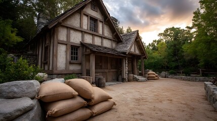 Naklejka premium Rustic timber framed building with burlap sacks of grain at twilight