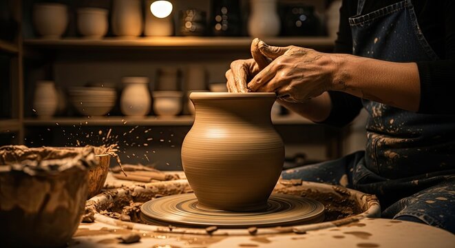 A person shaping clay on a pottery wheel in a workshop. - Powered by Adobe