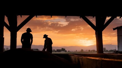 Silhouetted farmers work with grain beneath wooden beams during a vibrant sunset over a rural landscape