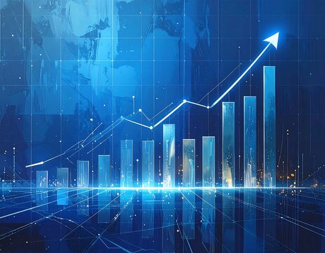 Digitally created graph with an ascending arrow above financial columns