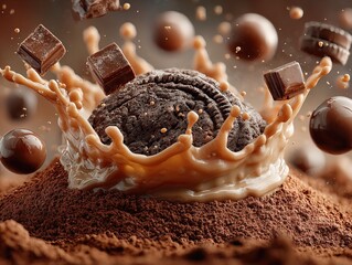Deep Brown Gradient with Chocolate Powder Mound, Dynamic Splash Crown and Floating Chocolate Pieces, High-Speed Motion Gourmet Advertisement Render