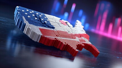 USA Map Data Visualization, 3D Render, American Flag
