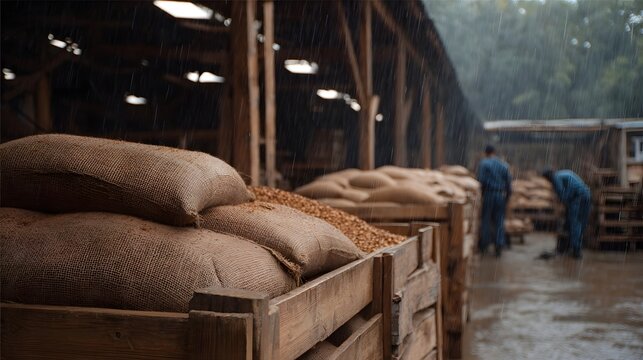 Burlap sacks of grain are stacked in wooden crates outside a rural warehouse during a rain shower with workers present