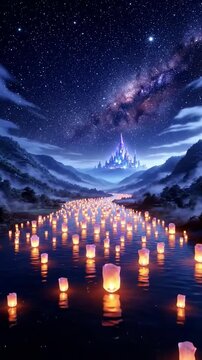 Enchanted nightscape: floating lanterns drift towards mystical castle under starry sky