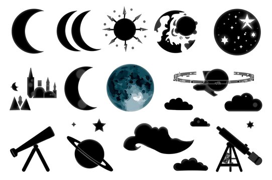 Collection of celestial bodies and astronomical objects with silhouettes