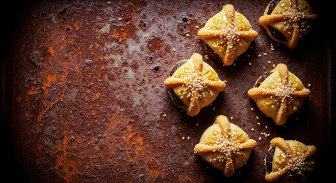 Golden triangular pastries sprinkled with sesame seeds - Powered by Adobe