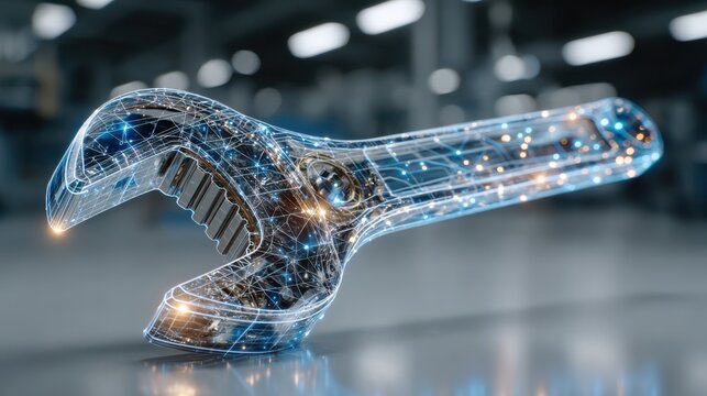 A futuristic digital wrench with glowing circuitry, symbolizing innovation and technology in tools and machinery. - Powered by Adobe