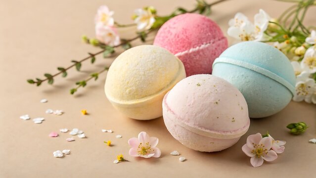 Multiple bath bombs on beige background, representing relaxation and wellness, ideal for spa promotions and skincare product designs. - Powered by Adobe
