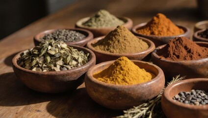 Assortment of vibrant spices in rustic bowls on wooden surface.