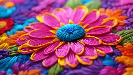 Vibrant floral embroidery artwork full of color and intricate detail