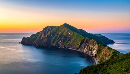 A breathtaking shot of a long, green island with rocky cliffs and a beach. The sea embraces the land with a sunset sky