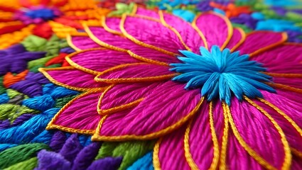 Vibrant Floral Embroidery Close Up with Intricate Detail and Texture