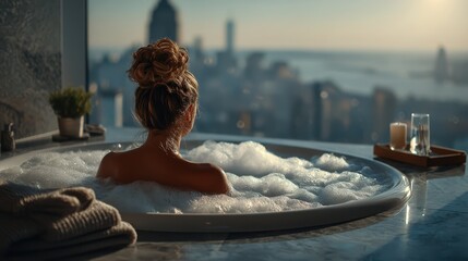 A serene scene of a person enjoying a bubble bath with a city skyline in the background, evoking relaxation and luxury.