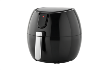 Black Air Fryer Kitchen Appliance with Silver Handle and Red Indicator Light Isolated cooking healthy cooking isolated on a transparent background