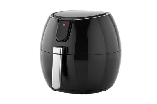 Black Air Fryer Kitchen Appliance with Silver Handle and Red Indicator Light Isolated cooking healthy cooking isolated on a transparent background