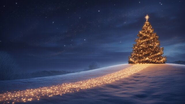 Holiday Glow: An illuminated Christmas tree on a snowy hilltop guides the way under a starlit night. The tree radiates warmth and festive spirit.