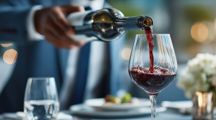 A sophisticated scene with a person pouring red wine into a glass, showcasing an elegant dining atmosphere with blurred background elements.
