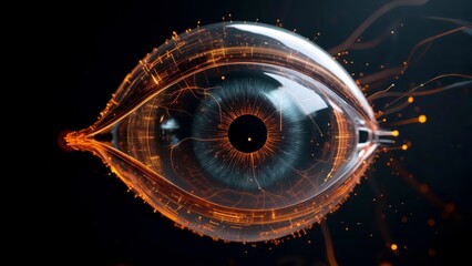 Digital glass eye emitting glowing energy lines with orange neural fibers representing connection and perception