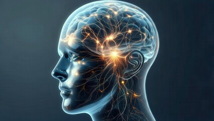 Macro view of digital eye glowing with orange neural light and circular data patterns symbolizing vision and technology