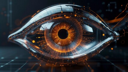Transparent digital eye with glowing neural lines and orange light symbolizing connection and artificial intelligence vision
