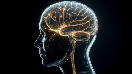 Transparent human head illuminated with glowing neural network connections and golden energy lines symbolizing cognition