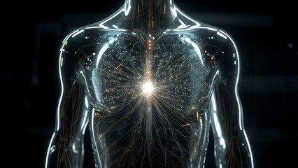Futuristic transparent human chest radiating light from the heart center with glowing neural energy lines
