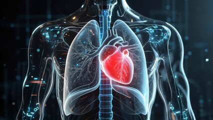 Transparent human torso with illuminated lungs and glowing red heart in a futuristic digital anatomy visualization
