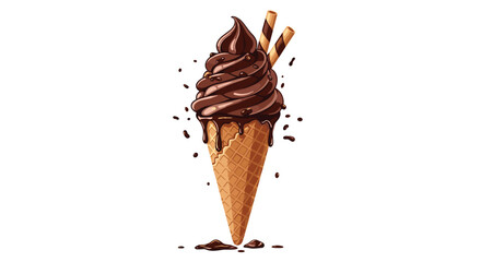 Delicious chocolate soft serve ice cream in a crisp waffle cone, adorned with two wafer sticks and scattered chocolate sprinkles, for a sweet summer treat.