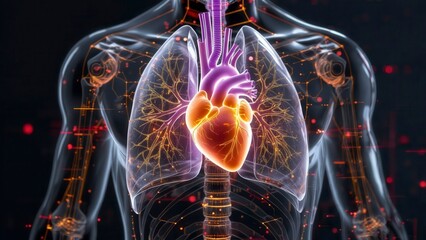 Transparent torso with glowing purple and orange heart and illuminated lungs in a digital anatomy visualization