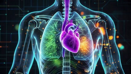 Transparent human torso with lungs and purple glowing heart surrounded by luminous green and orange neural light