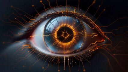 Macro view of a futuristic human eye with glowing golden circuitry and illuminated iris representing digital vision and technology