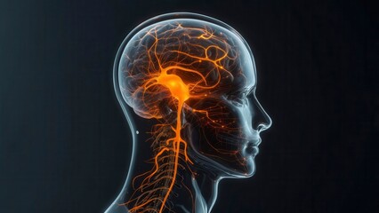 Transparent side view of a human head with glowing orange neural pathways connecting through brain and spinal cord
