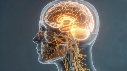Transparent human head side profile showing glowing yellow brain network and illuminated nervous system structure