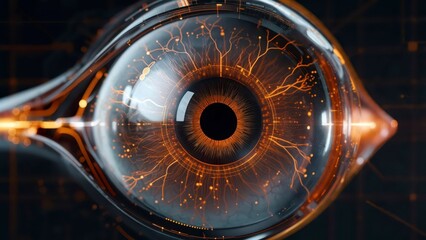 Digital macro eye with glowing orange circuits and neural patterns representing futuristic vision and technology
