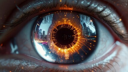 Close-up of human eye reflecting futuristic cityscape with glowing orange light patterns symbolizing digital perception