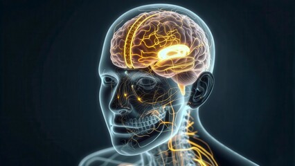 Close up of a glowing human brain with highlighted neural pathways and electric impulses illustrating deep neural activity and focus