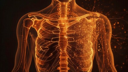 Human lungs glowing with blue and purple light showing detailed anatomy and digital visualization of respiratory system function