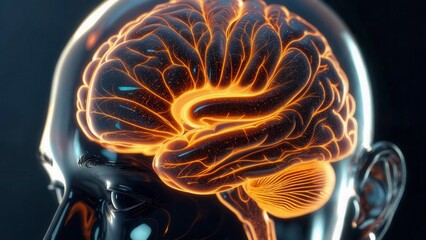 Transparent human head with luminous neural web and glowing light nodes visualizing digital thought process and artificial cognition