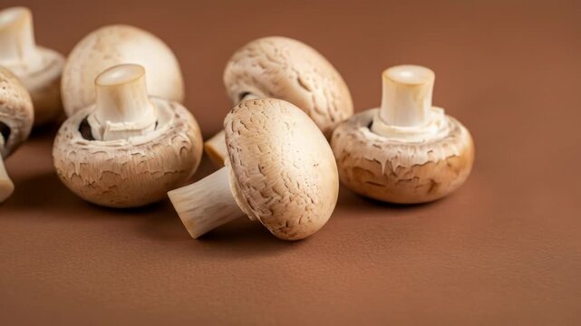 Group of fresh white mushrooms on solid brown background