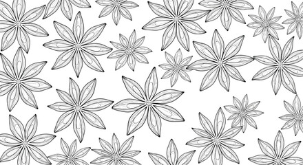 Hand-drawn black and white seamless pattern featuring scattered star anise pods, offering a botanical and culinary design element.