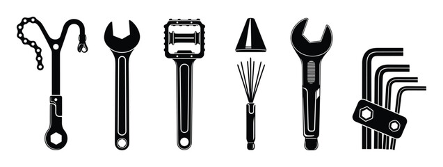 Bicycle repair accessories set. Various bike maintenance tools on white background.